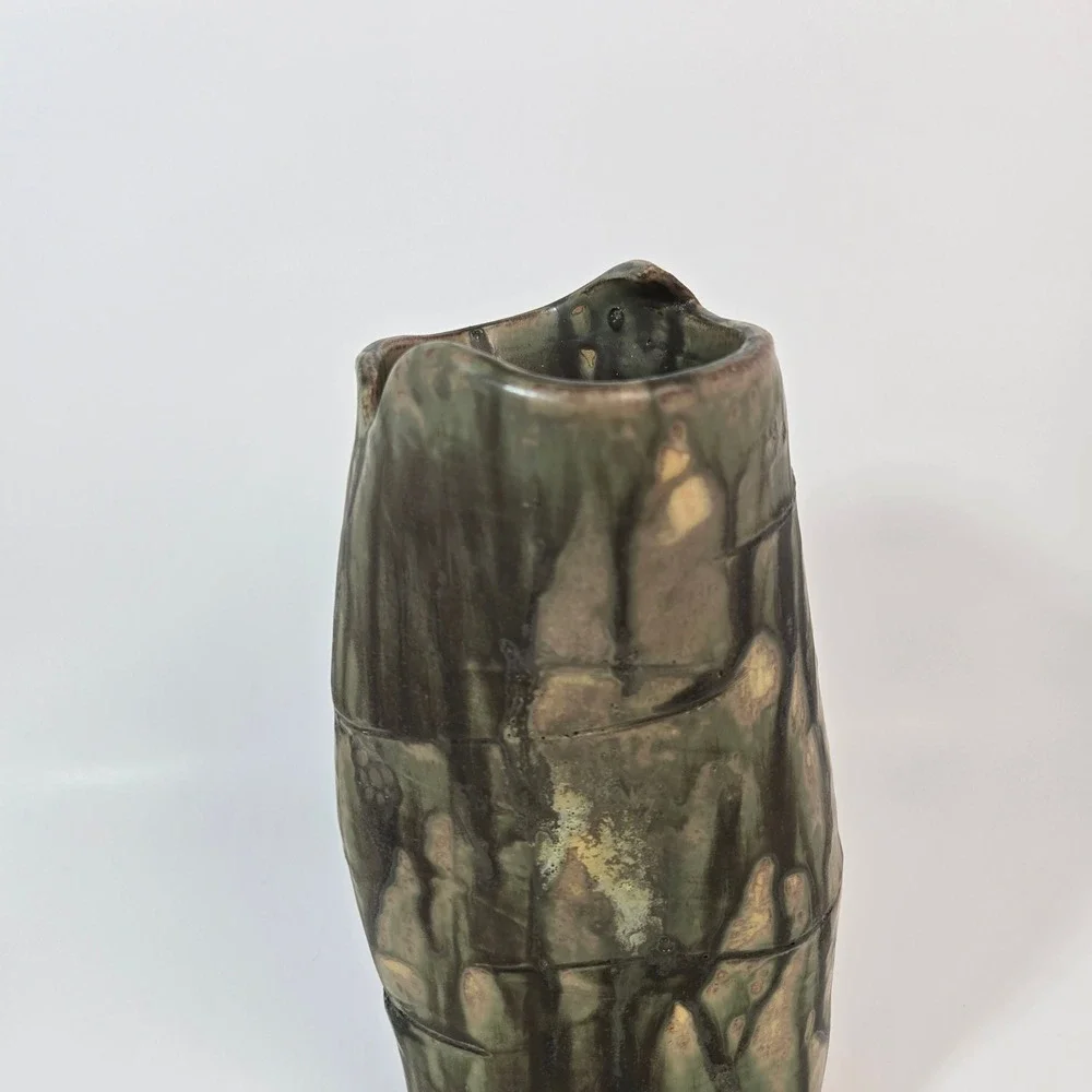 Studio Art Pottery Vase Green Charcoal Drip Glaze Organic Brutalist Stoneware 10